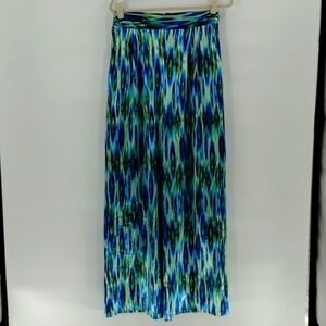 Fashion Nova Enza satin wide leg pant size large blue green combo zip back